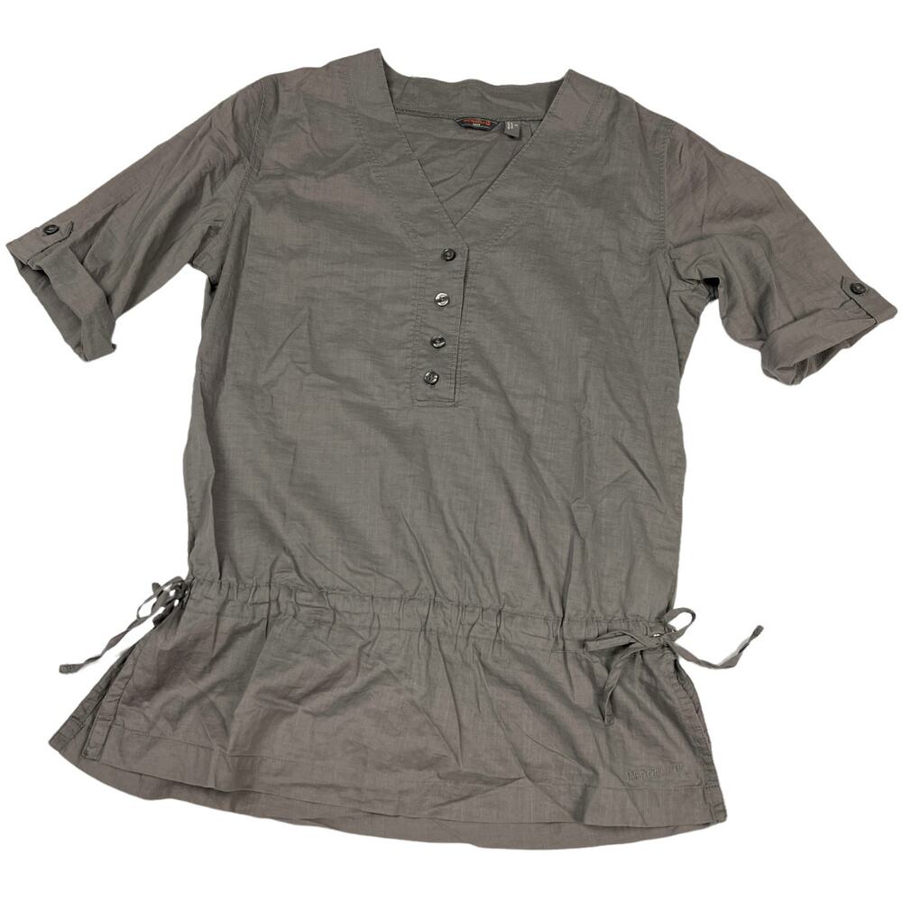 Merrell Shirt Grey V-Neck Roll‎ Tab Sleeve 100% Cotton Women XS Cinch Waist